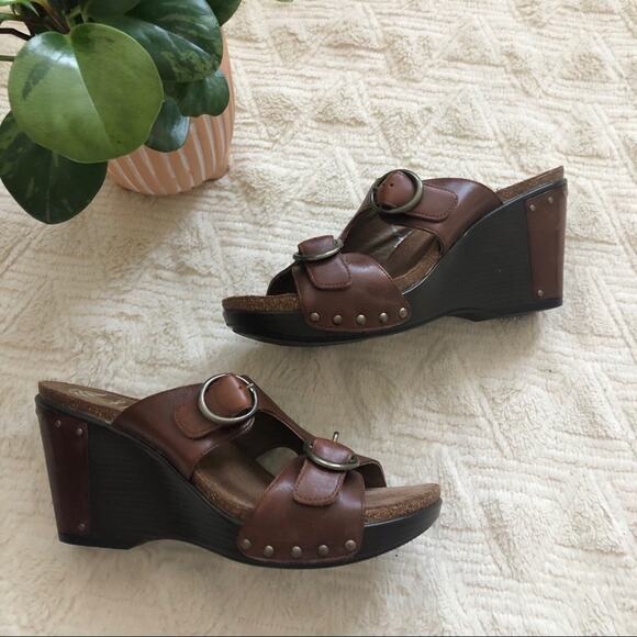 Dansko Fern Brown Leather Buckle Wedges - Picture 2 of 10